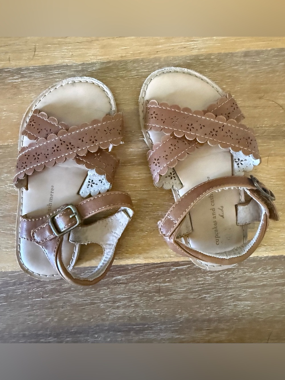 cupcakes & cashmere Brown Scalloped Laser-Cut Leather Kids Sandals